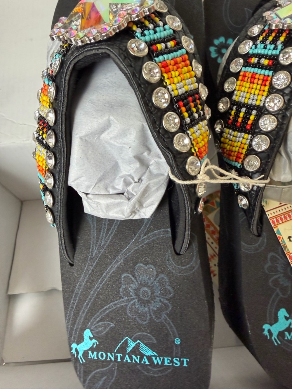 Montana West Black Beaded Rhinestone Cross Wedge Sandals-NIB - Picture 8 of 8